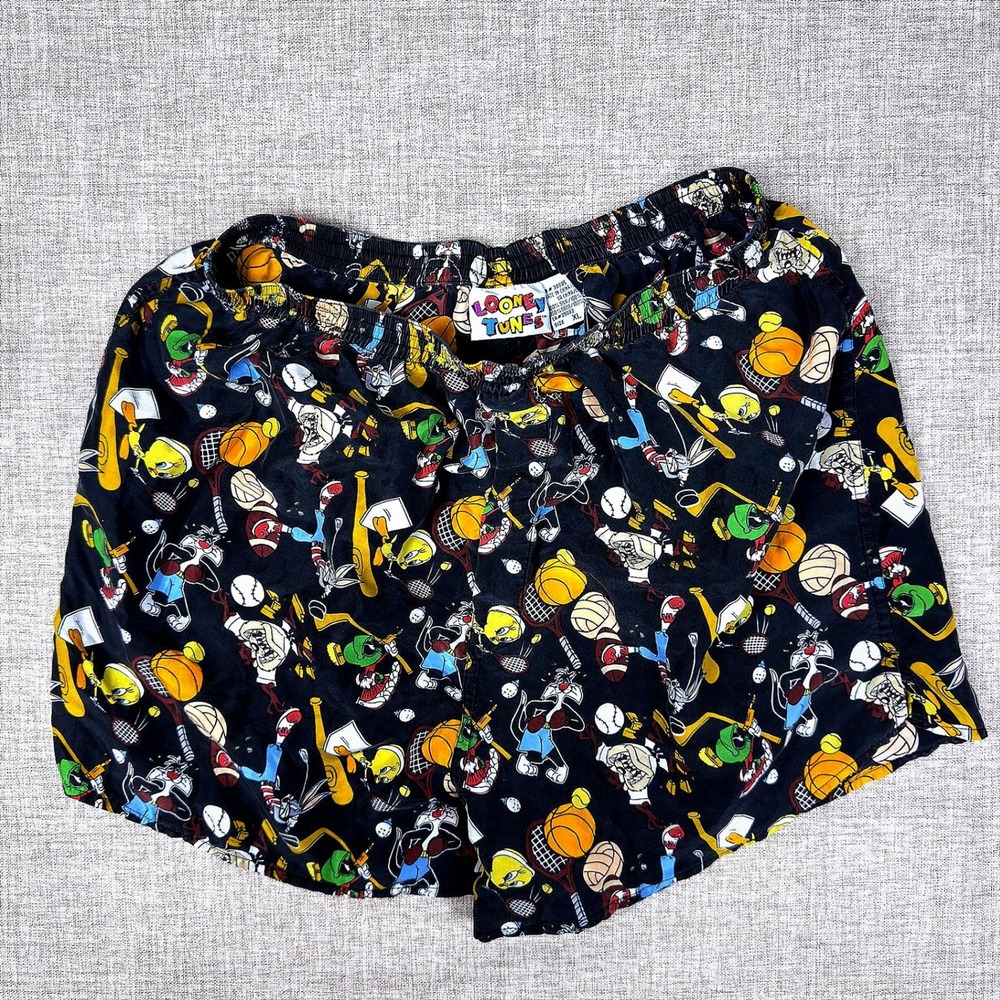 VTG 90s Looney Tunes Silk Boxer Shorts Bugs Bunny‎ Taz AOP Cartoon XL